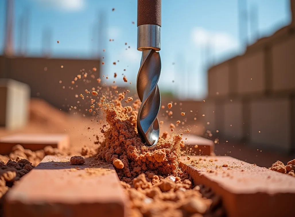 Masonry drill bit driving into red clay brick with debris exploding outward in freeze-frame detail