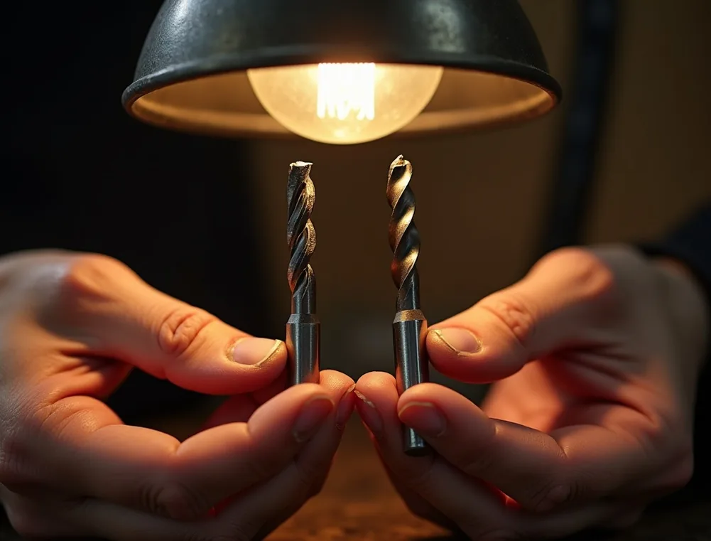 Hands carefully comparing two drill bits side by side over a workshop lamp one new one worn
