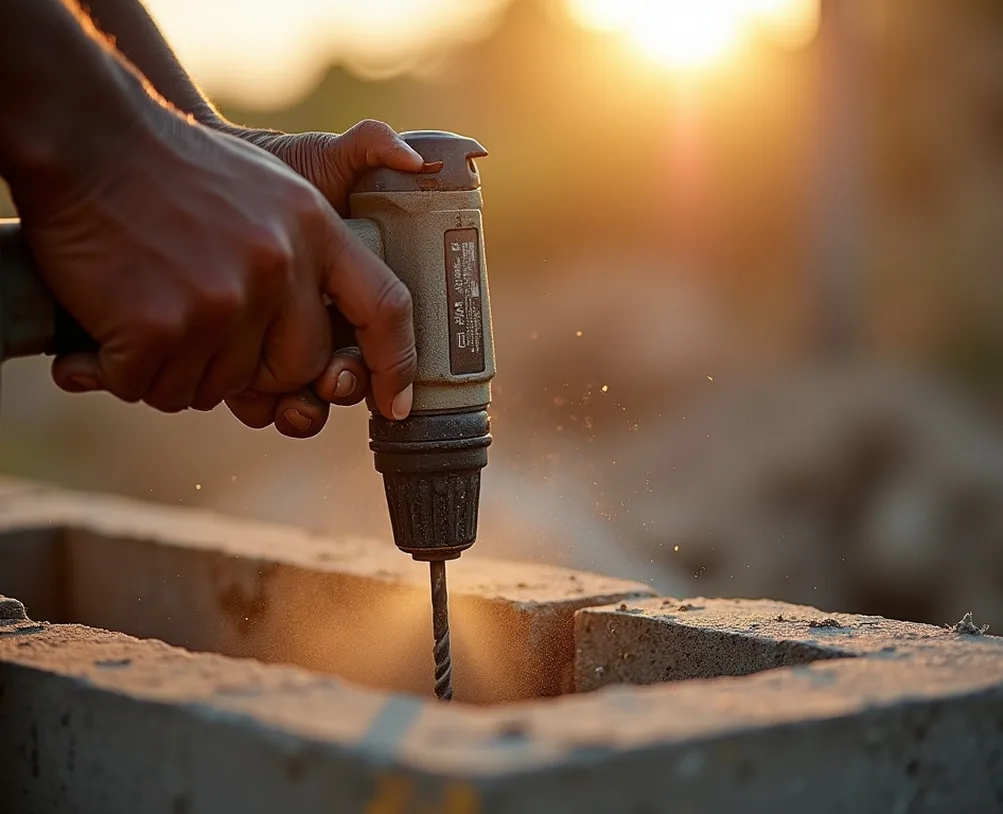 Weathered male hands gripping a cordless drill with bit spinning into a concrete block wall