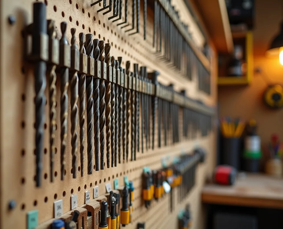 Pegboard wall covered in organized drill bits by size and type in labeled slots