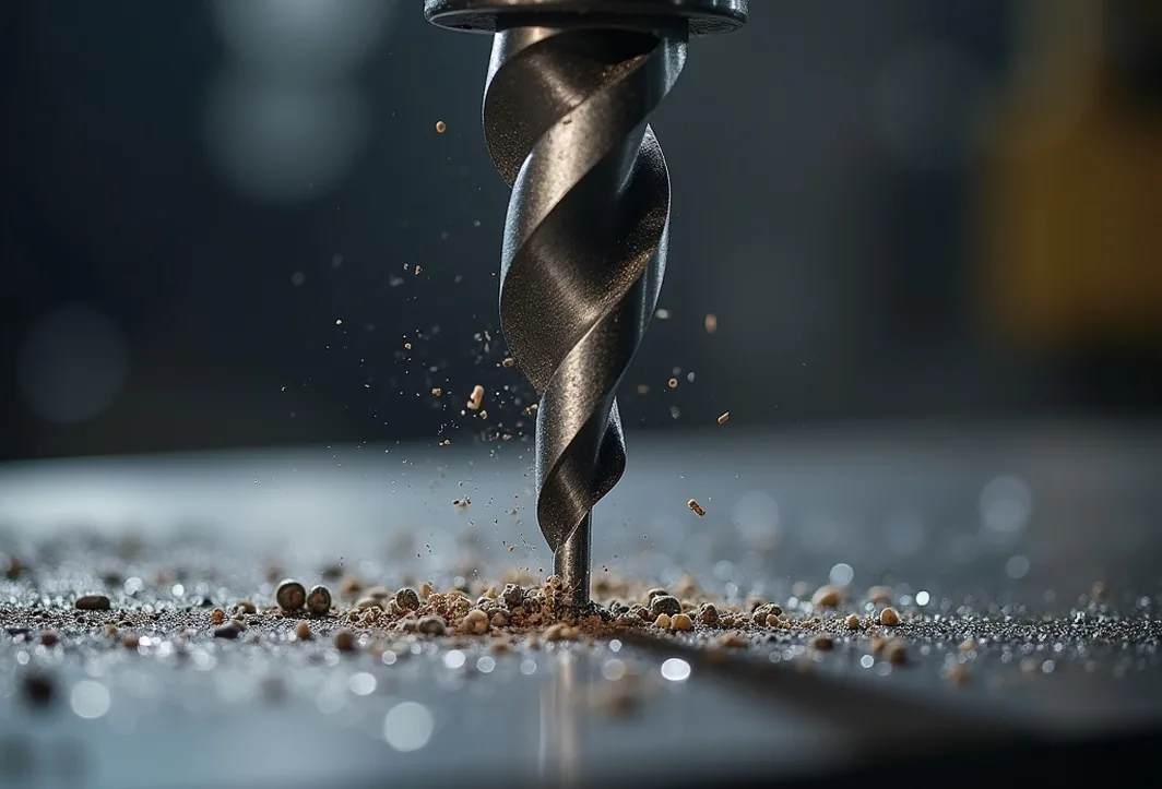 Extreme close-up of drill bit tip entering steel plate with metal shavings curling upward