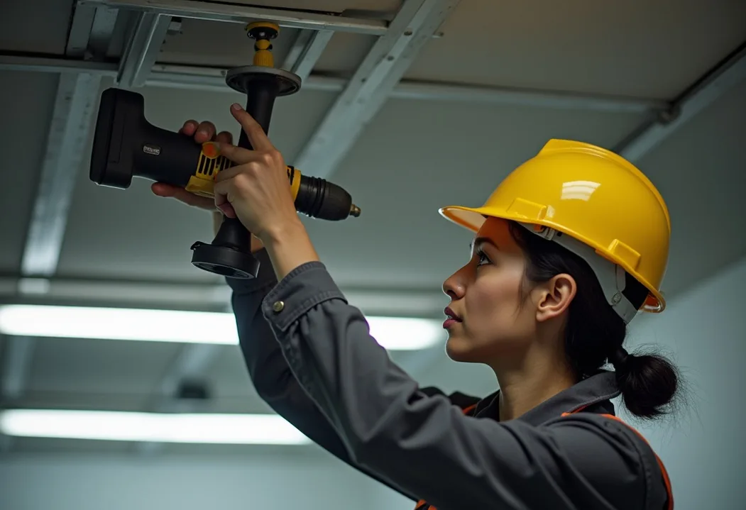 Female electrician in yellow hard hat installing conduit bracket on commercial ceiling in Nairobi