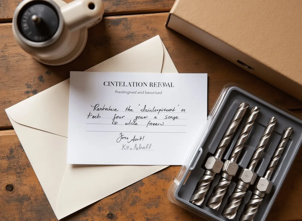 Subscription renewal card with new drill bits in sealed packaging and handwritten note