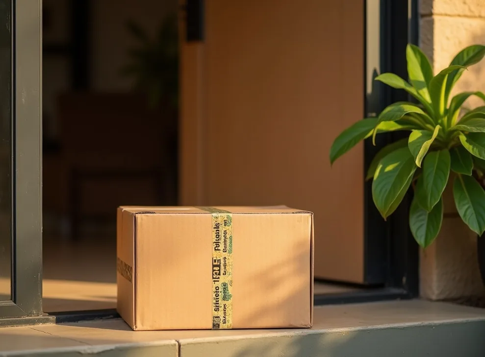 Subscription delivery cardboard box with branded tape on a Nairobi residence doorstep