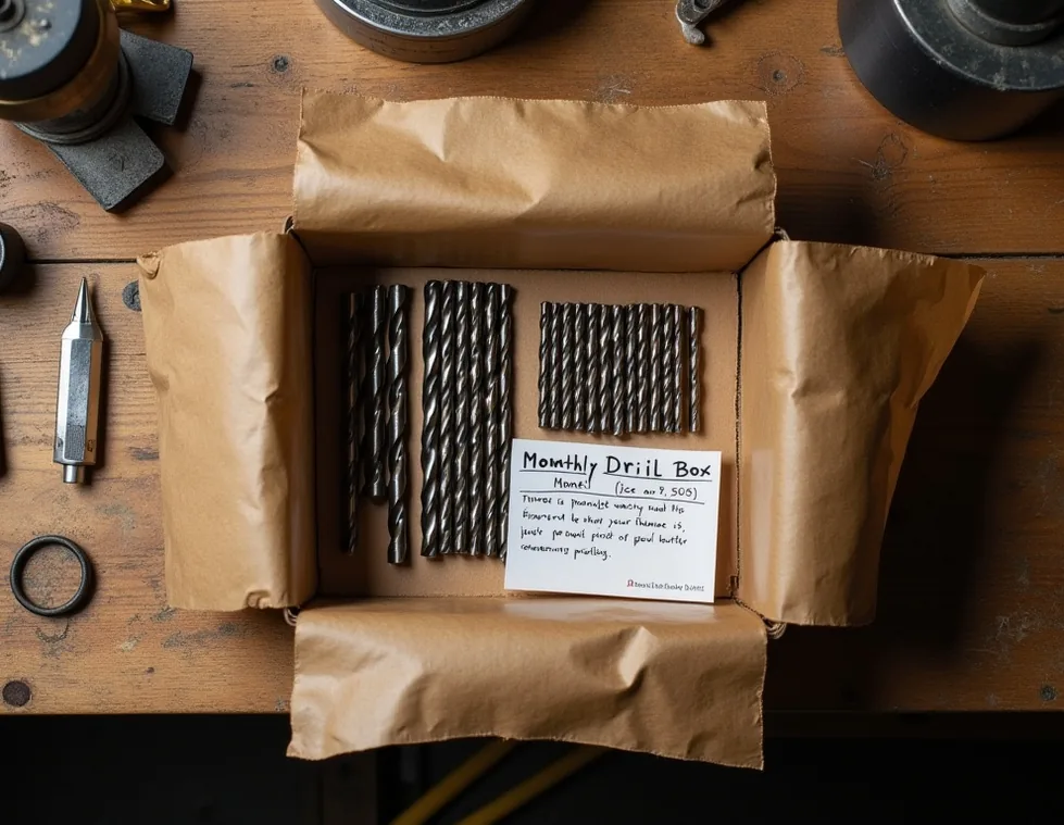 Monthly drill bit subscription box being unboxed on a workshop bench with kraft tissue