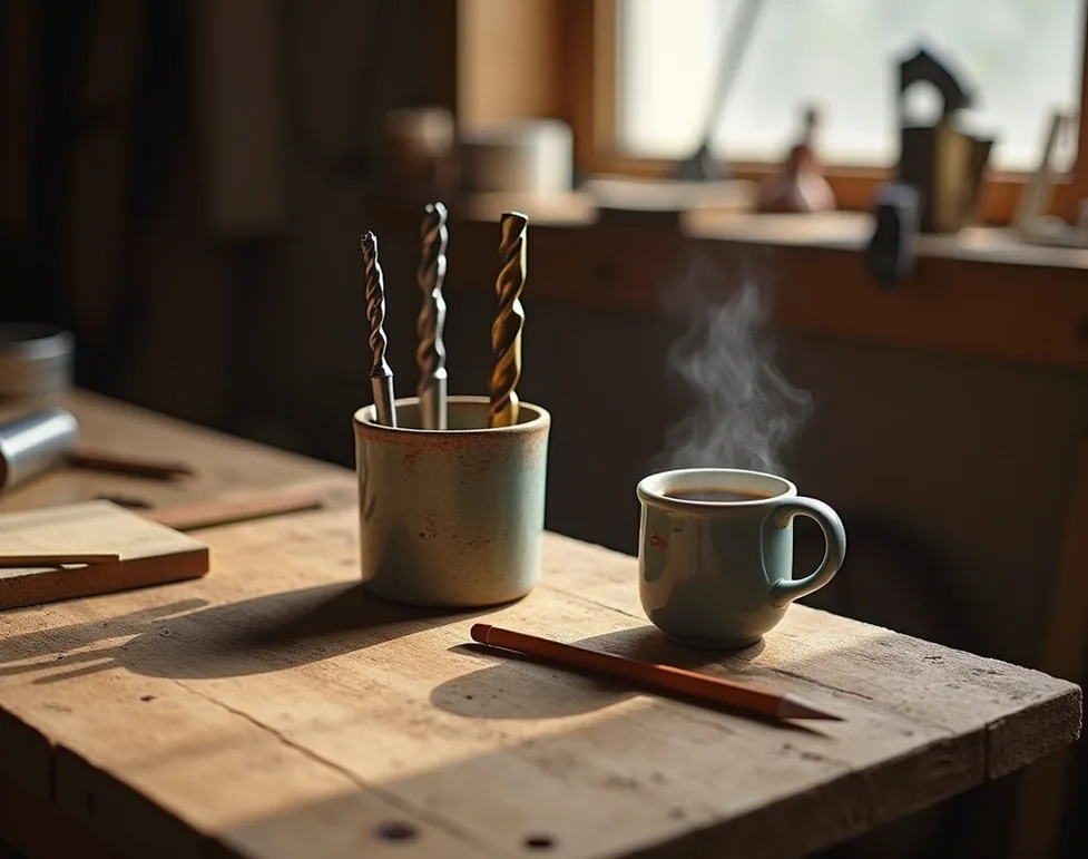 Well-used wooden workbench corner with three drill bits resting in a ceramic cup
