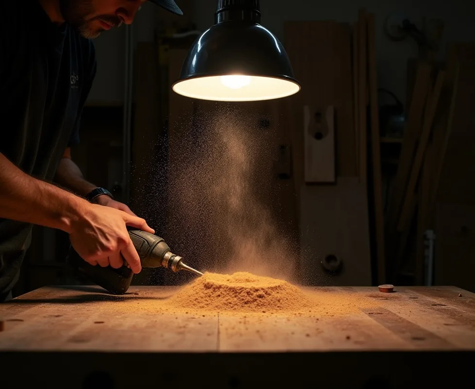 Craftsman drilling precise holes in dark hardwood panel with sawdust flying