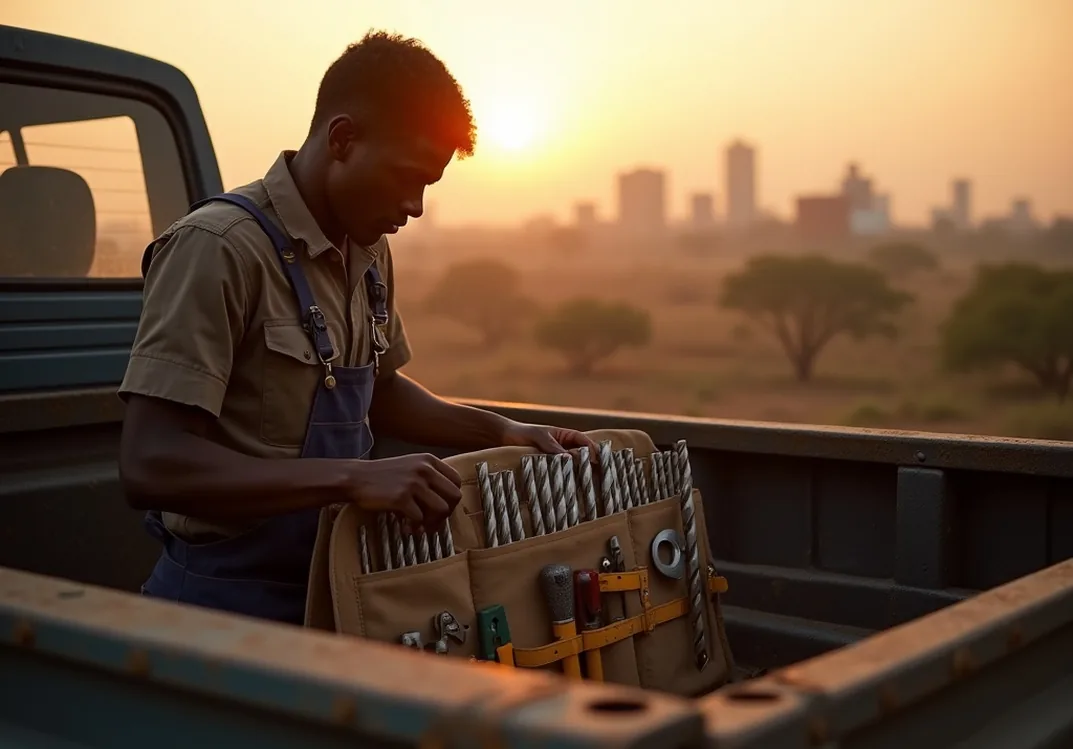 Tradesman loading drill bit roll pouch into canvas tool bag in pickup truck at dawn