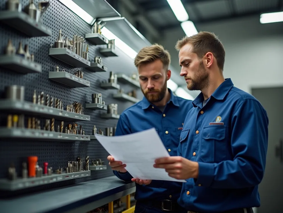 Two technicians in matching work shirts reviewing a job sheet beside a drill bit organizer