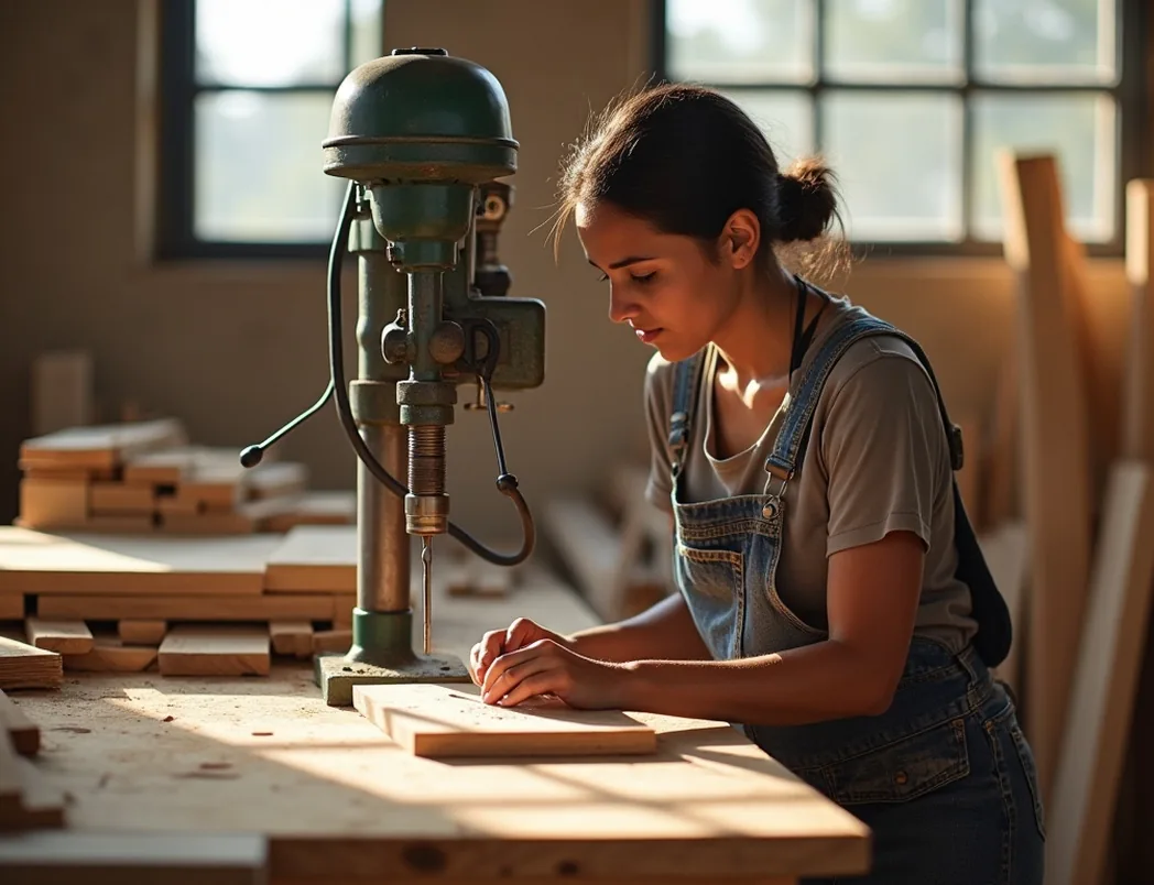 Female carpenter in a bright Kenyan workshop surrounded by timber offcuts