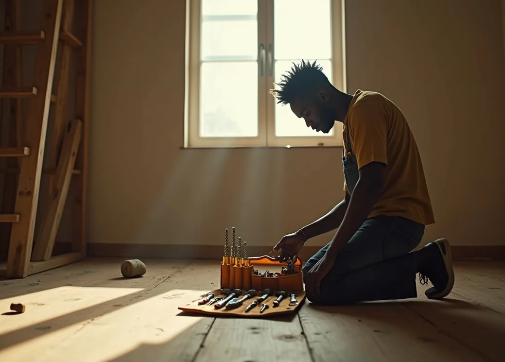 Kenyan tradesman kneeling on wooden floor in half-finished apartment with open tool bag