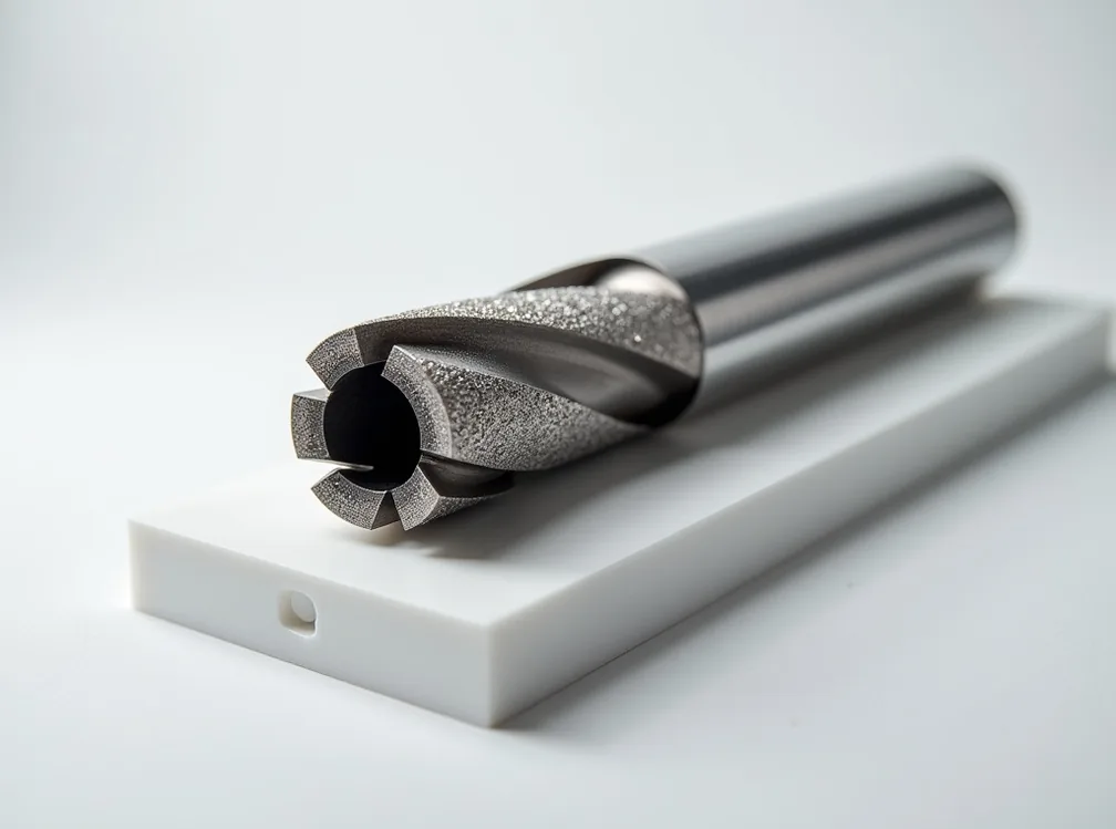 Diamond core drill bit cross-section laid horizontally on white acrylic surface angled view