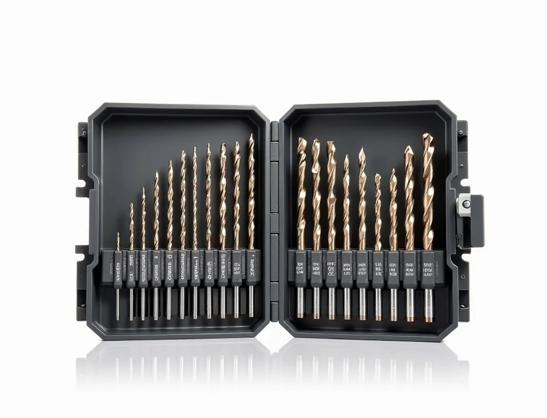 29-piece hex-shank drill bit set displayed in indexed storage case with lid open