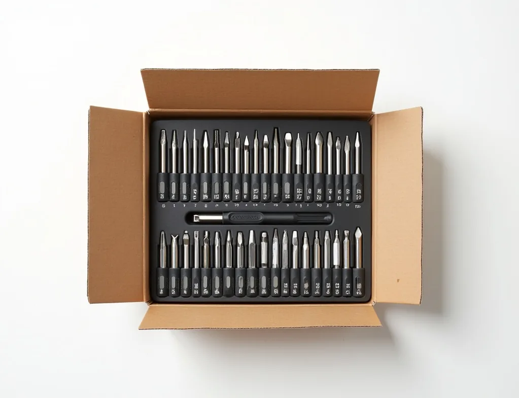 Open subscription box containing 36 assorted screwdriver bits arranged in rows top-down view