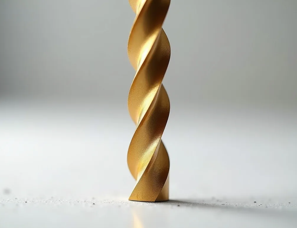 Single SDS-Plus masonry drill bit tip standing upright on white surface extreme close-up