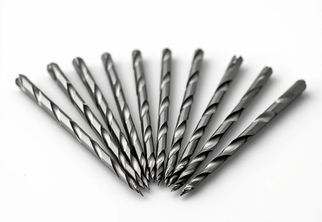 19-piece high-speed steel drill bit set arranged in precise fan layout on white surface