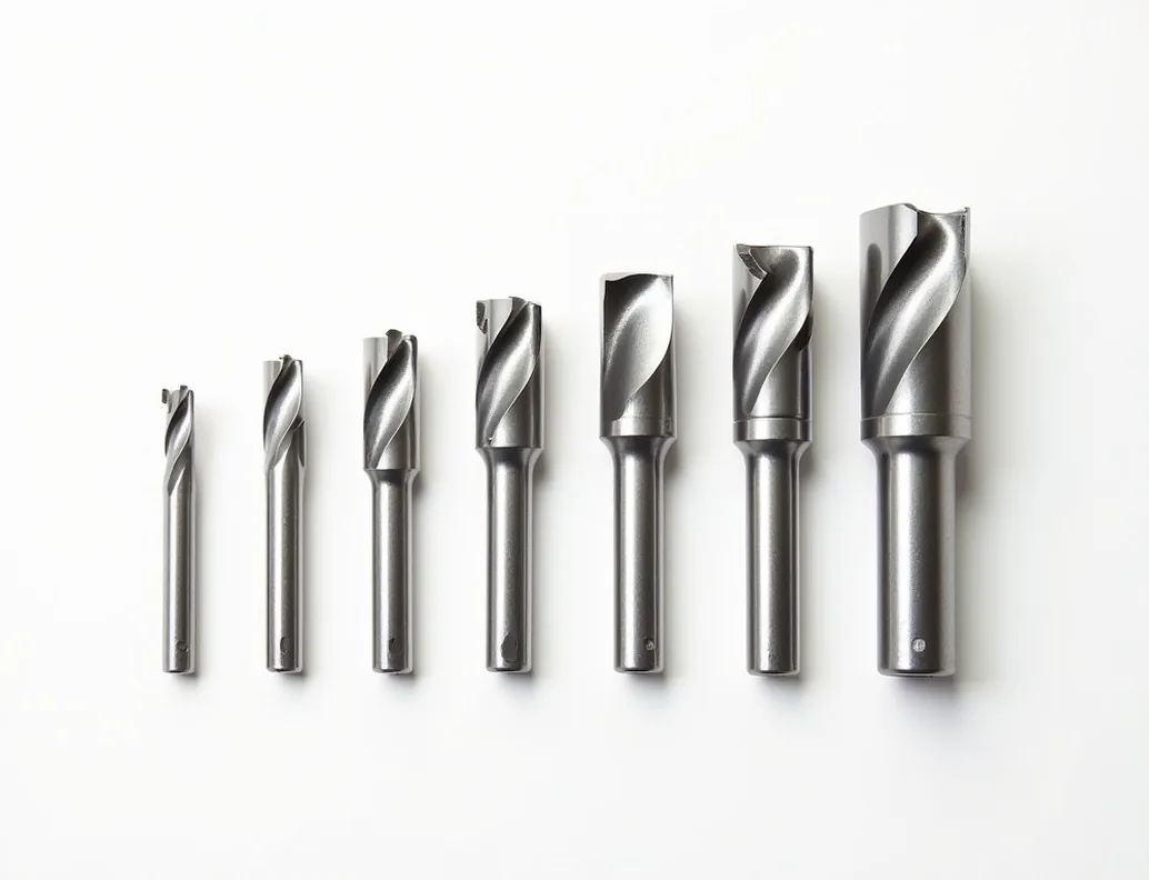 Eight Forstner bits arranged by ascending diameter in clean arc on white background top-down